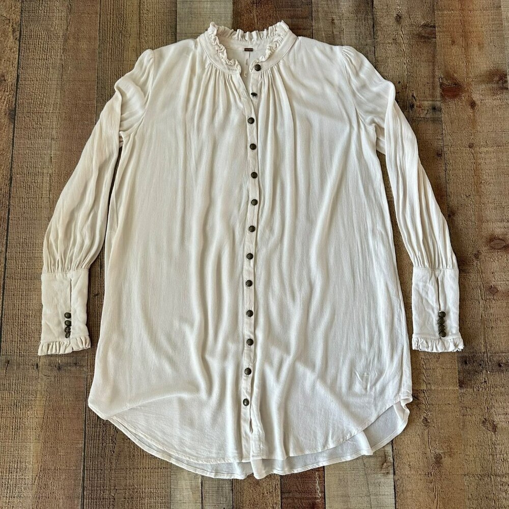 Free People Lieutenant Shirt Dress Button-Up Long Ruching Sleeve Frill Collar